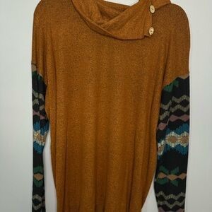 Mustard Cowl Neck Sweater with Patterned Sleeves